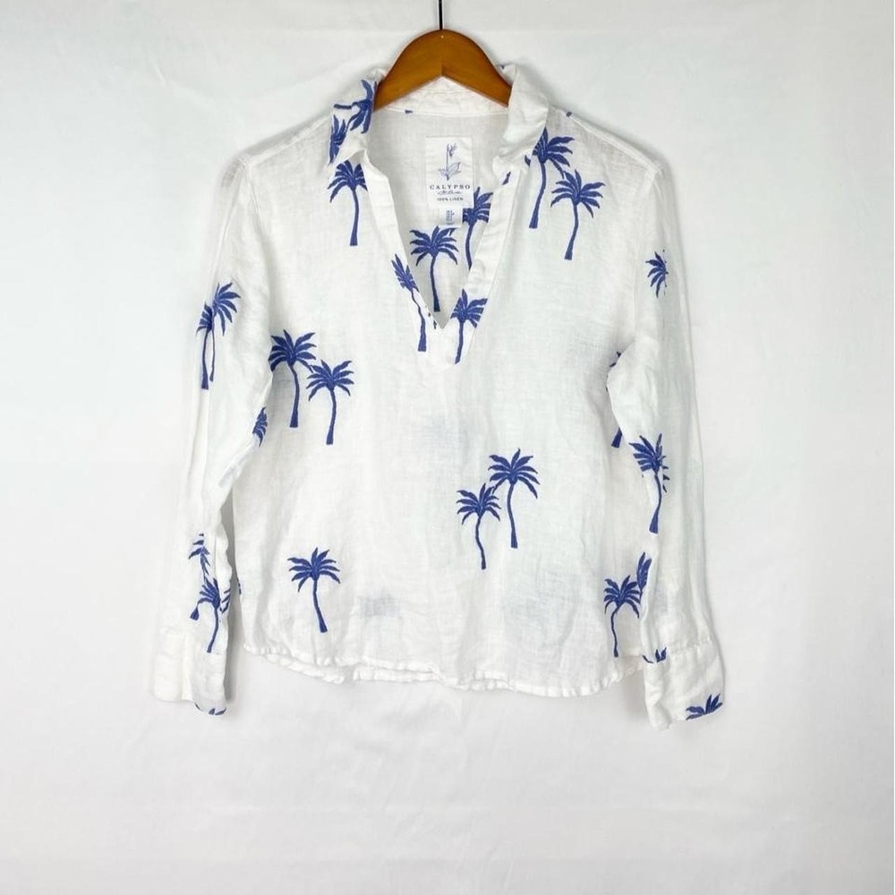 Calypso St Barth Palm Tree Collared Top Long Sleeve Linen